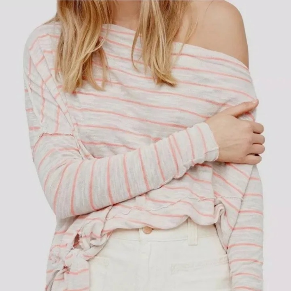 Free People Love Lane' Striped Oversized Knot Tee in Gray Combo Size M